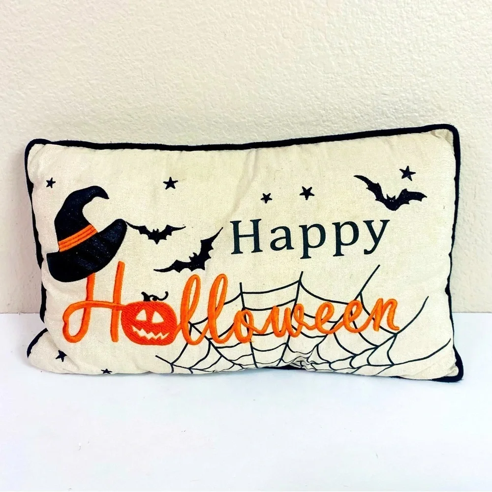 Happy Halloween Embroidered Accent Pillow 20” x 11”